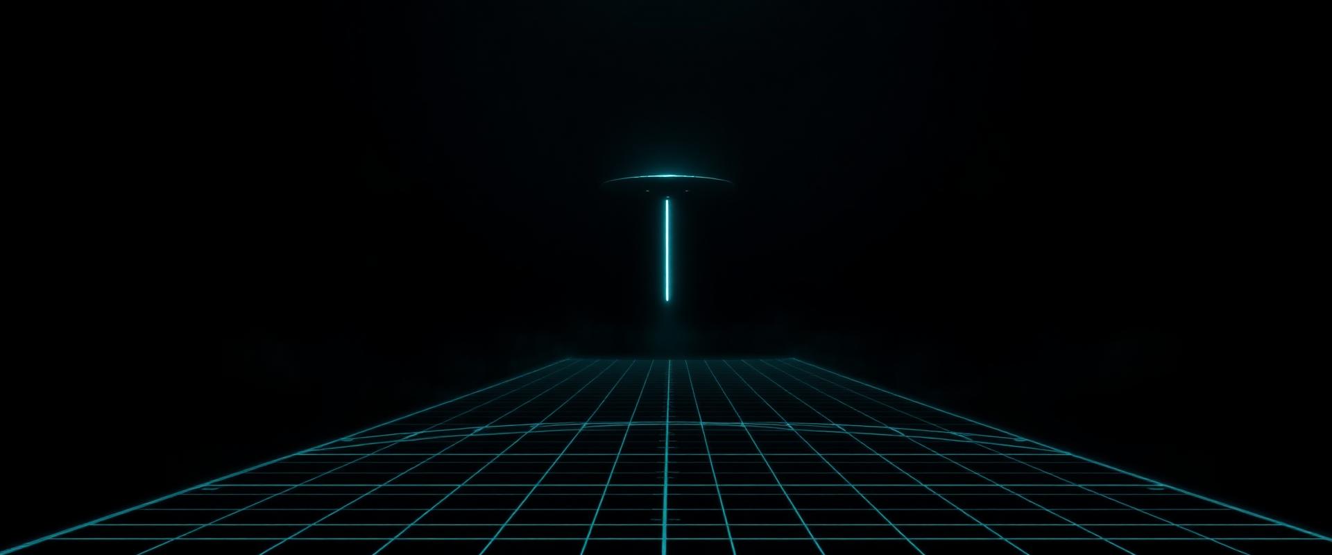 Foggy radar grid with a distant hovering craft